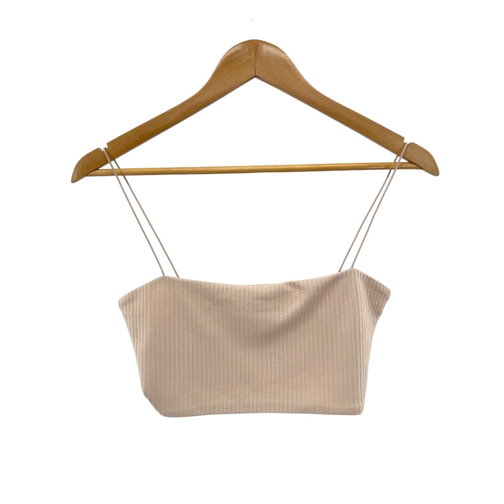 Luvalot Beige Ribbed Crop Top Sz 4 Y2K Spaghetti Strap Tank Boho Retro Going Out